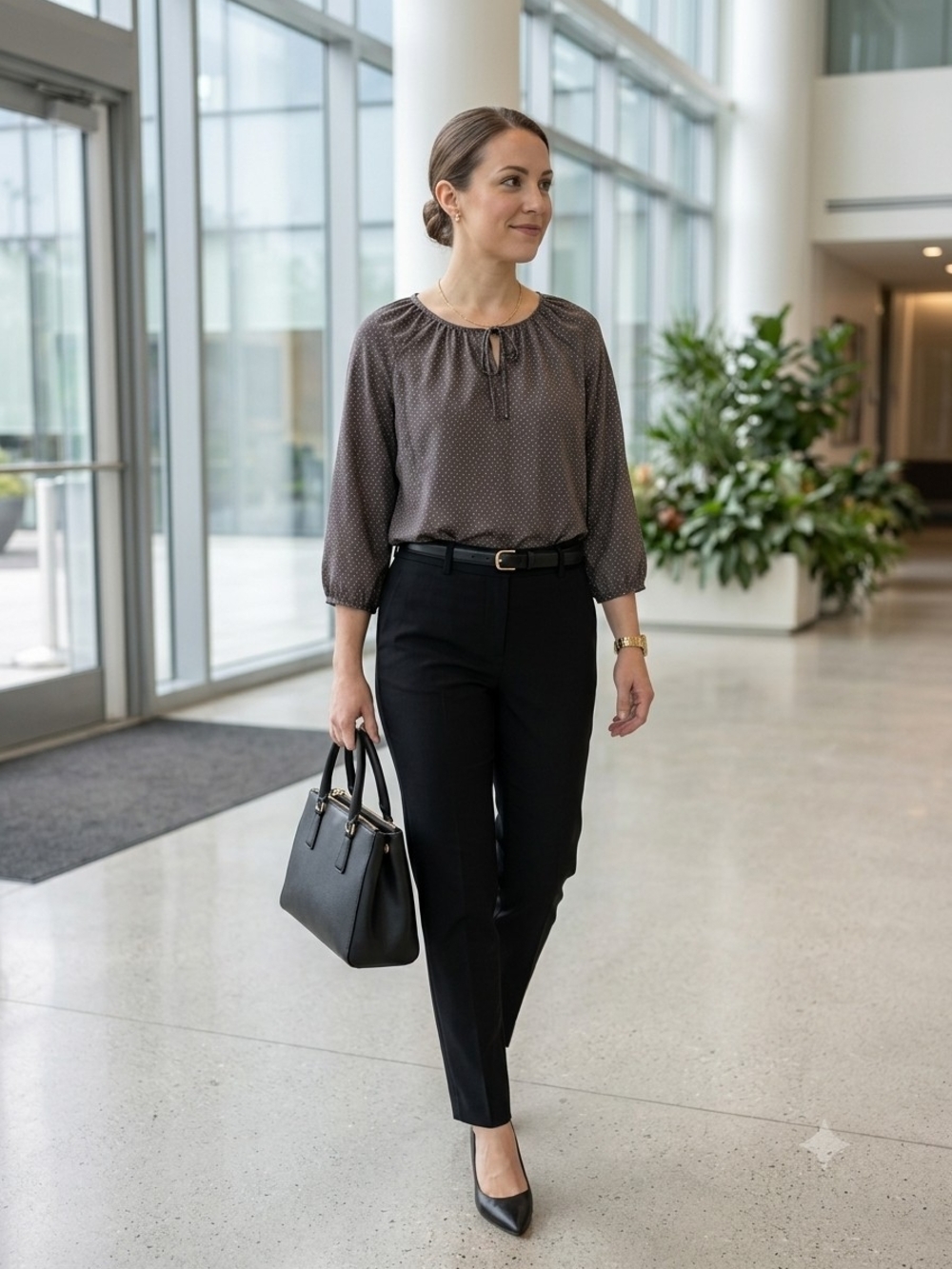 LOFT Charcoal Gray Polka Dot Tie-Neck Blouse